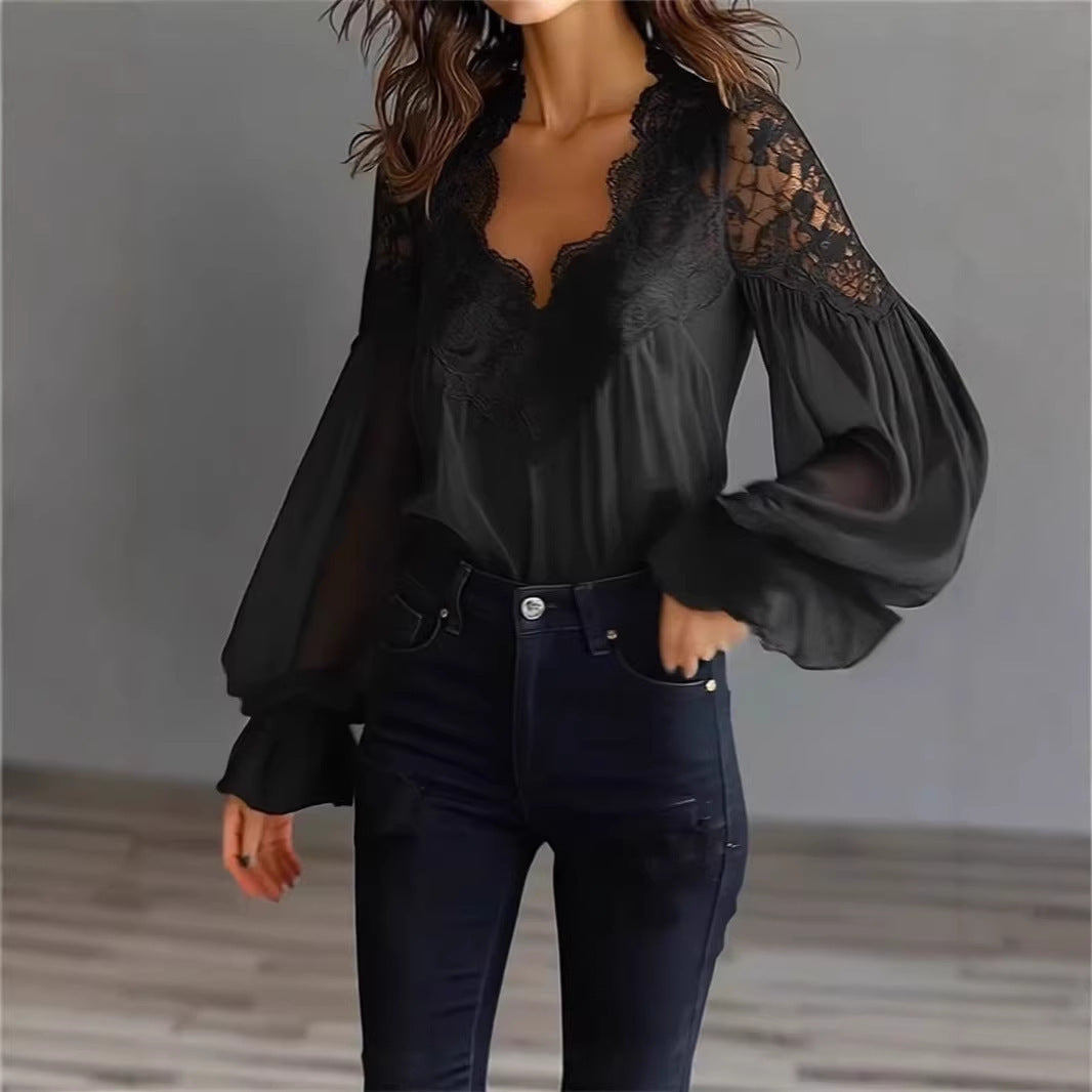 Women's Lace V Neck Puff Sleeve Pleated Blouse