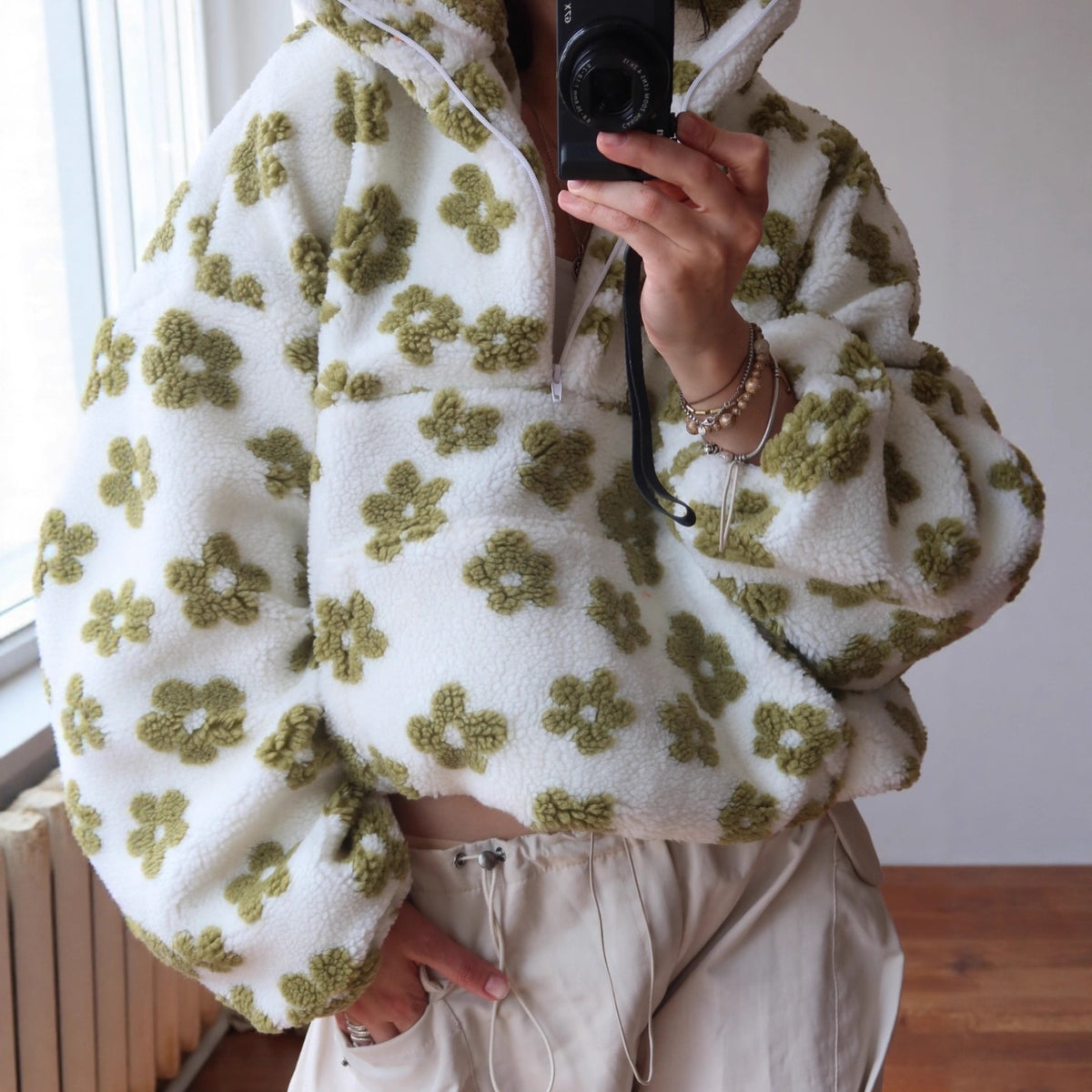 Womens Oversized Floral Sherpa Fleece Half Zip Pullover