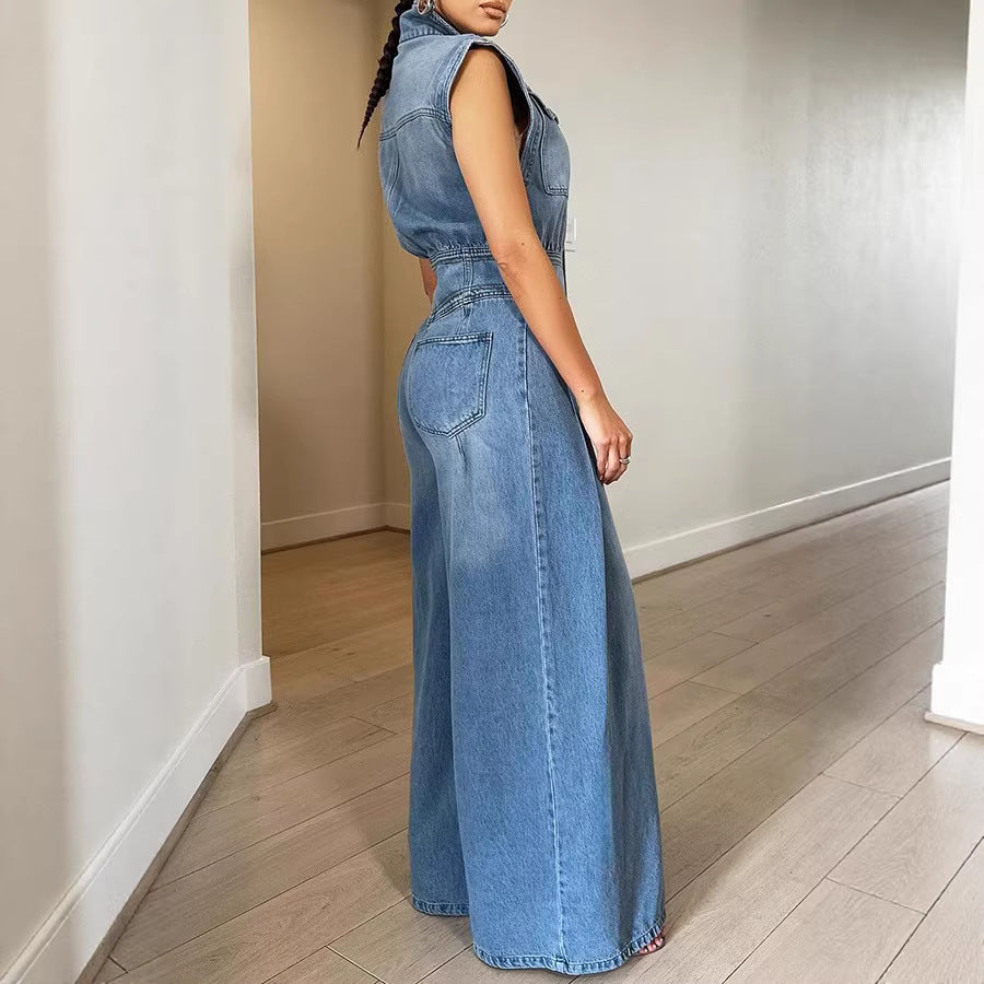 Women's Sleeveless Denim Jumpsuit Wide Leg Cargo