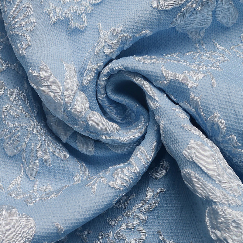 Blue Jacquard Square Neck Dress Sleeveless A-Line Mid-Length