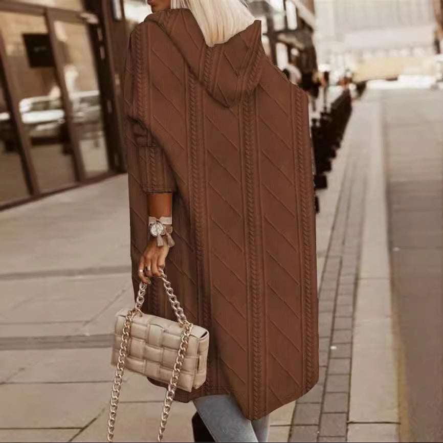 Women's Hooded Cable Knit Long Cardigan Coat with Pockets