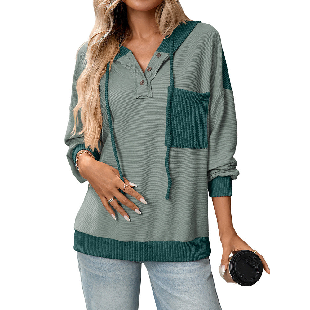 2025 Fall/Winter Colorblock Knit Trim Hoodie – Casual Pullover Sweatshirt