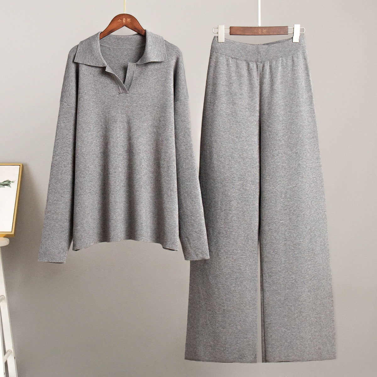Women's Polo Knit Sweater Set with Wide Leg Pants
