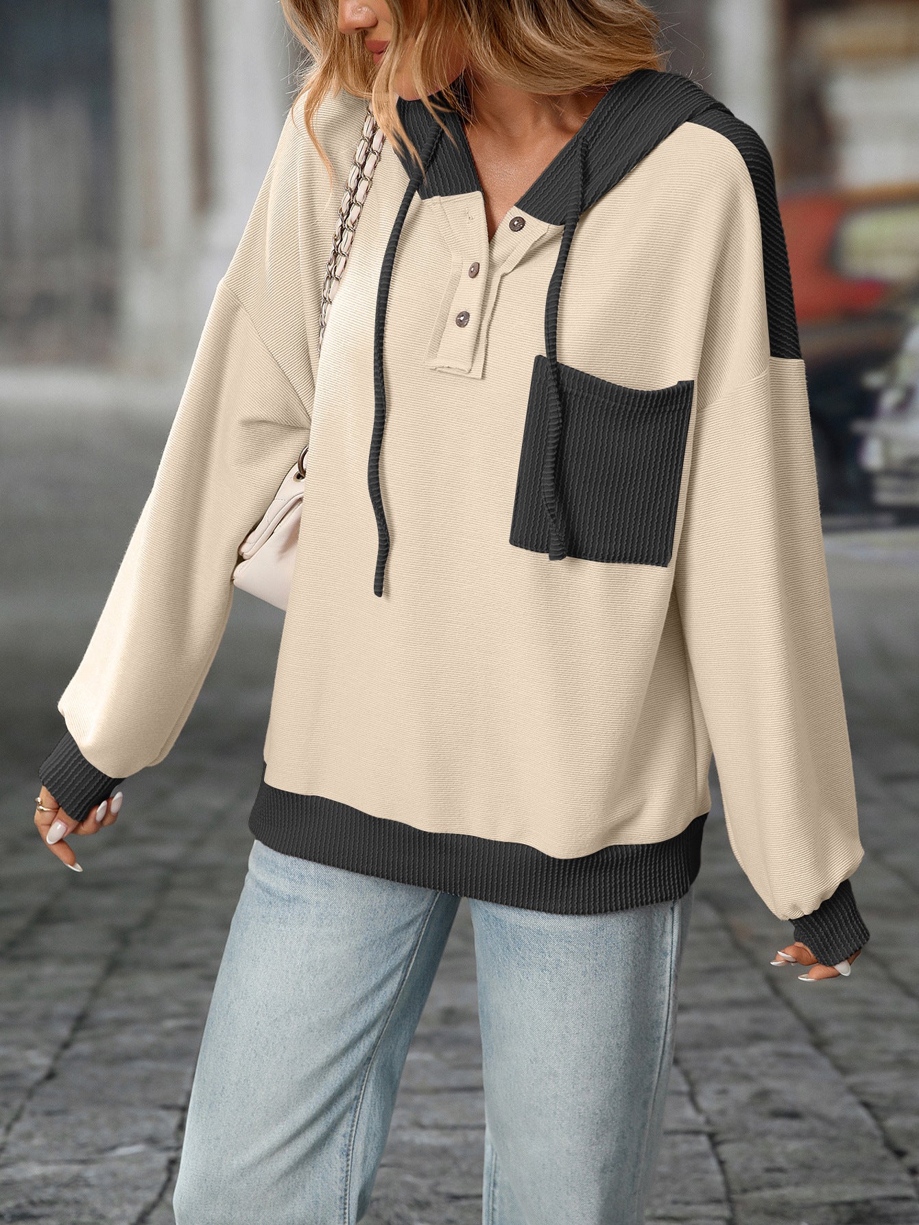 2025 Fall/Winter Colorblock Knit Trim Hoodie – Casual Pullover Sweatshirt