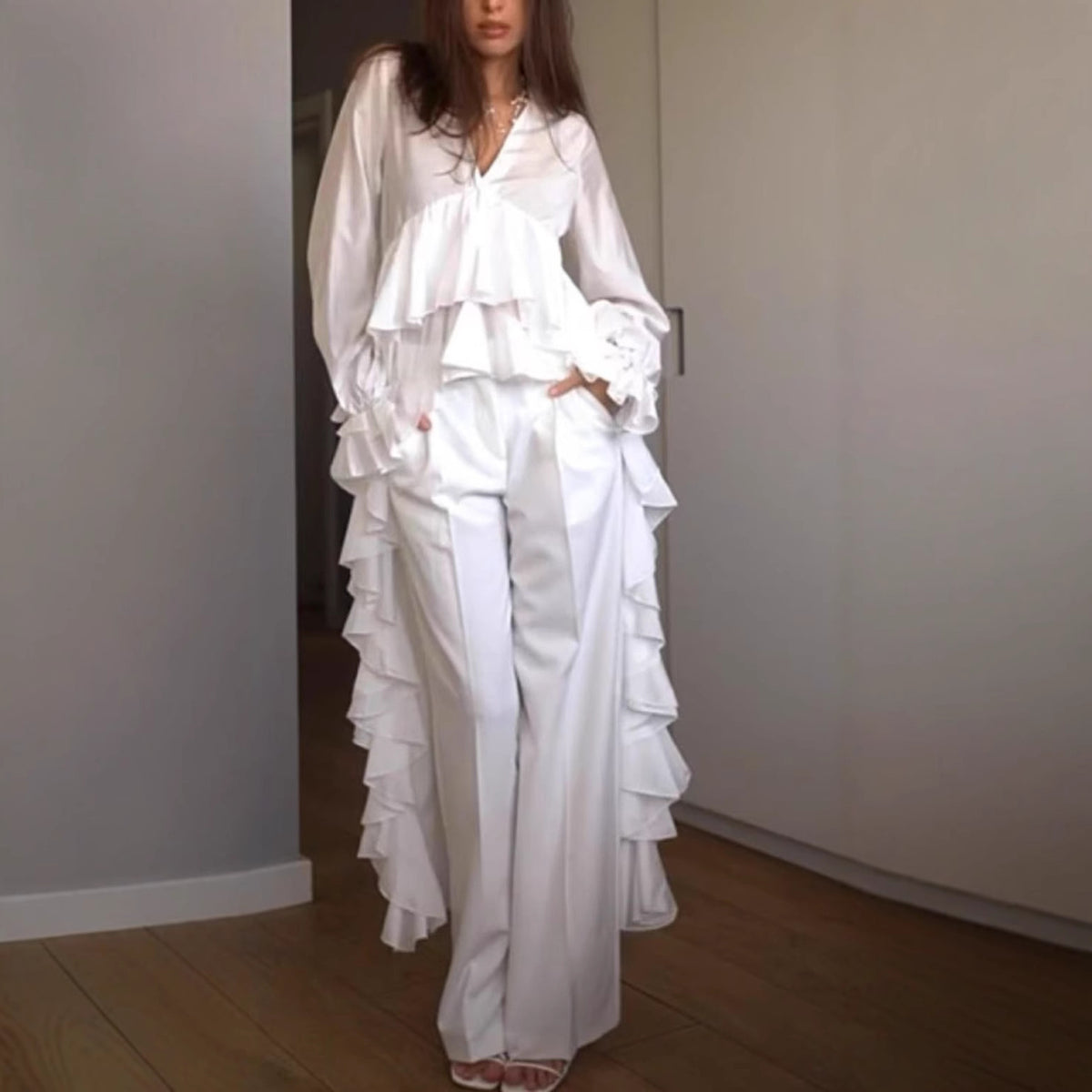 Ruffle V-Neck Flare Sleeve White Blouse
