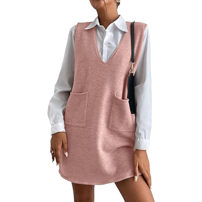 Women's Sleeveless Knit V-Neck Sweater Vest Dress