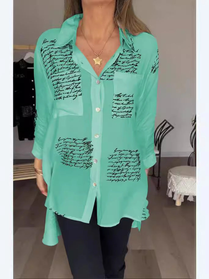 Women's Letter Print V Neck Button Down Oversized Blouse