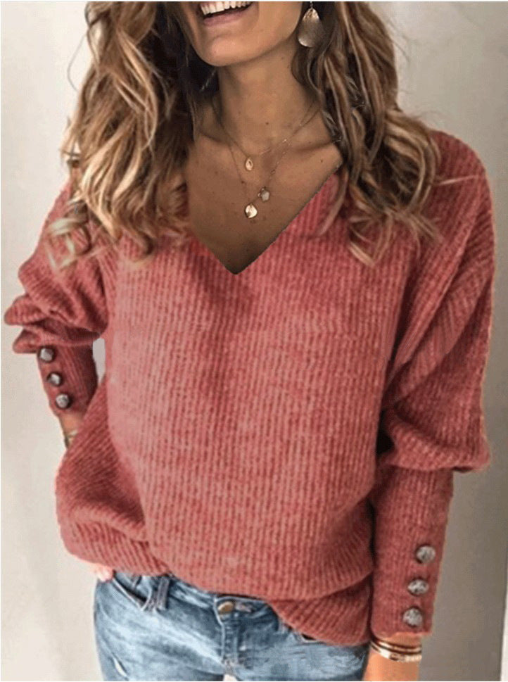 Women's V Neck Waffle Knit Sweater Button Sleeve Top