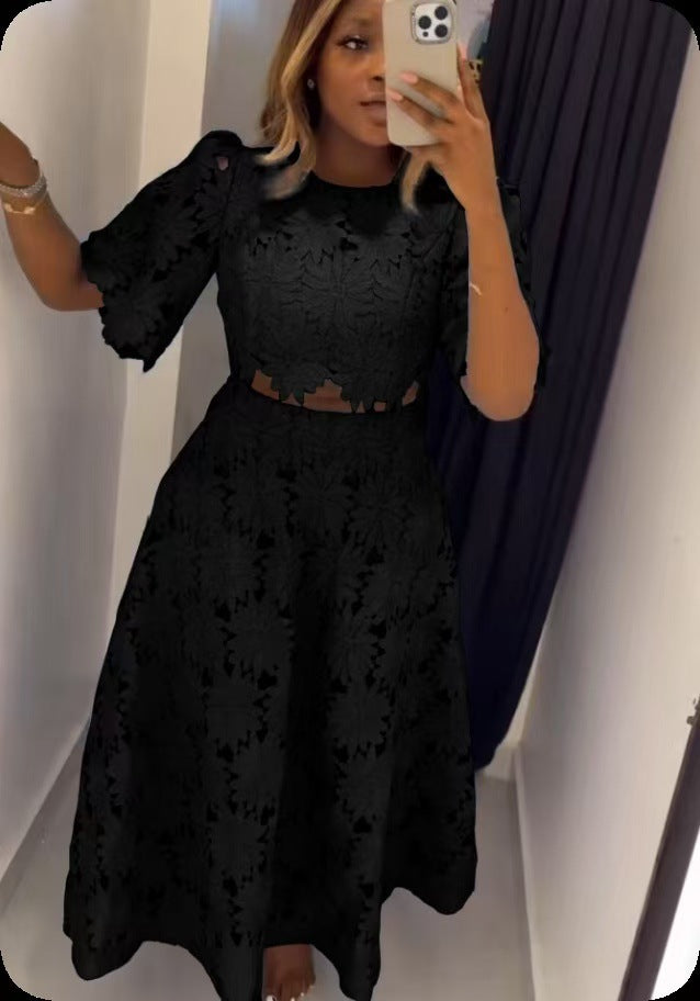 Women's Lace Floral Cutout Two Piece Midi Skirt Set