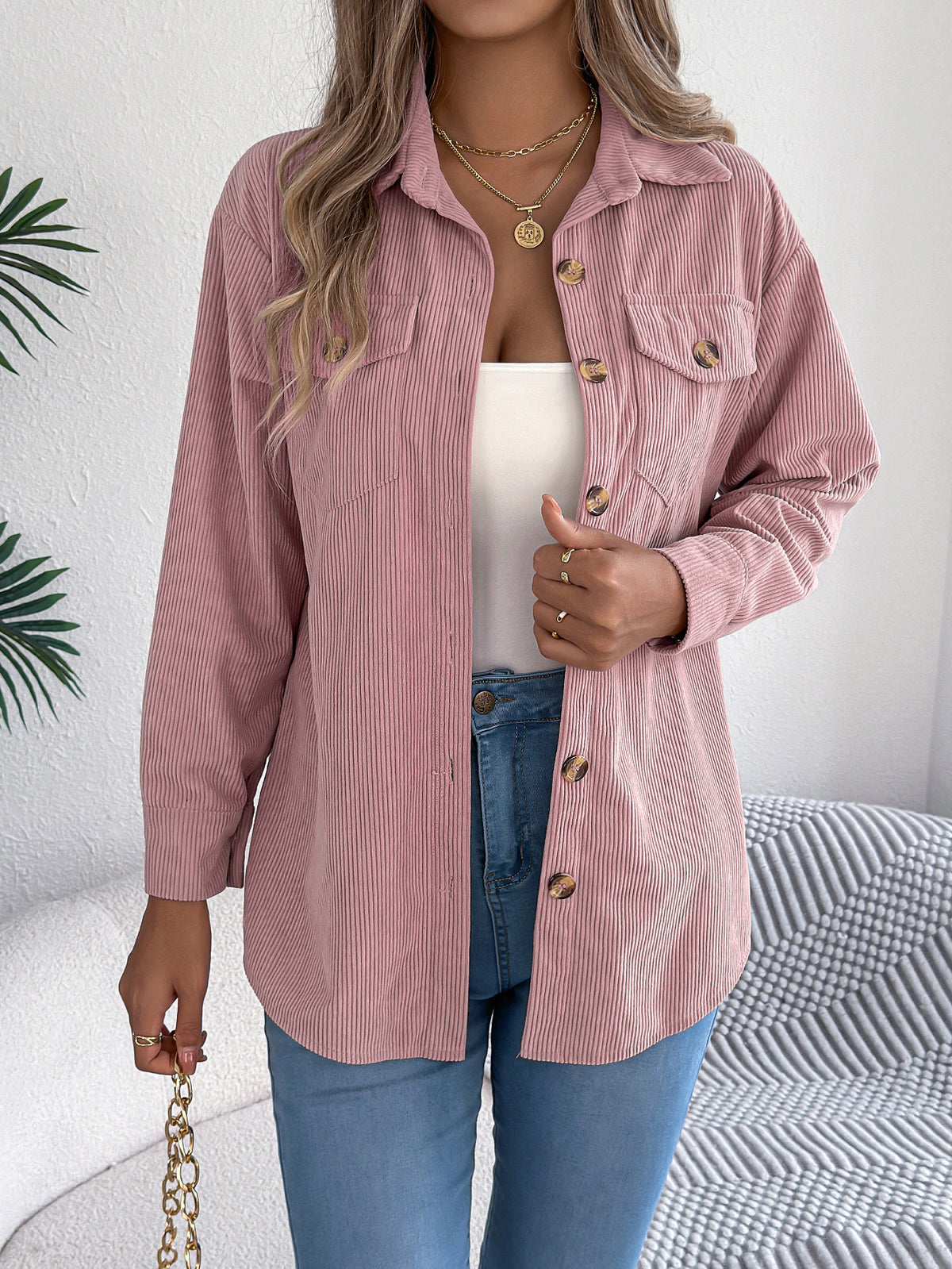 Women's Corduroy Shacket Long Sleeve Button Down Jacket