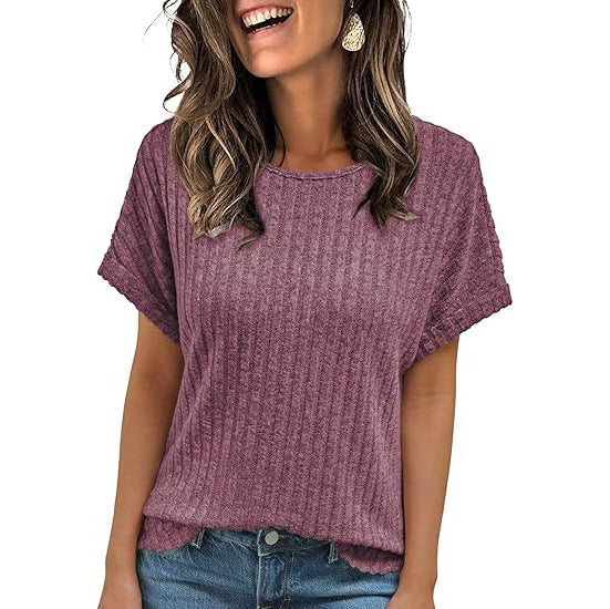 Women's Ribbed Crew Neck Short Sleeve Loose Fit T-Shirt