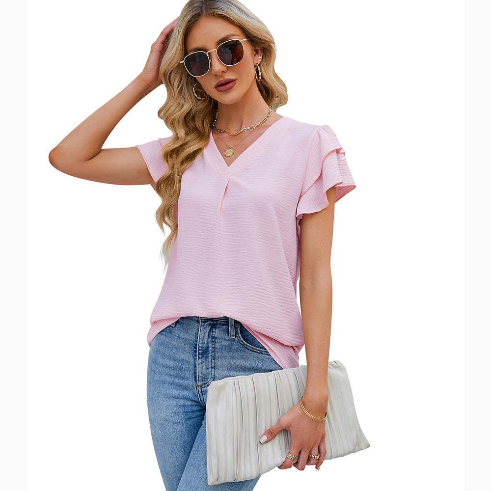 Women’s Short Sleeve Ruffle V Neck Summer Top