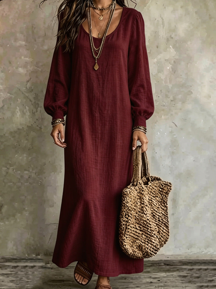 Women's Boho Long Sleeve U-Neck Maxi Dress Loose Solid