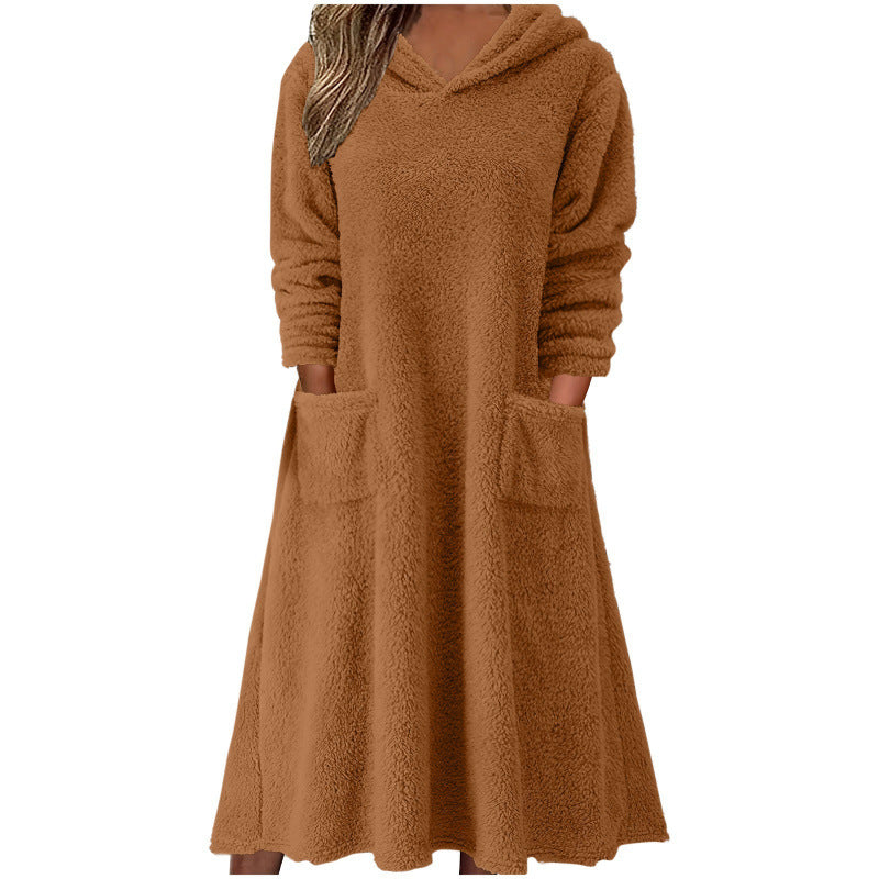 Cozy Oversized Fleece Hoodie Maxi Dress Pockets