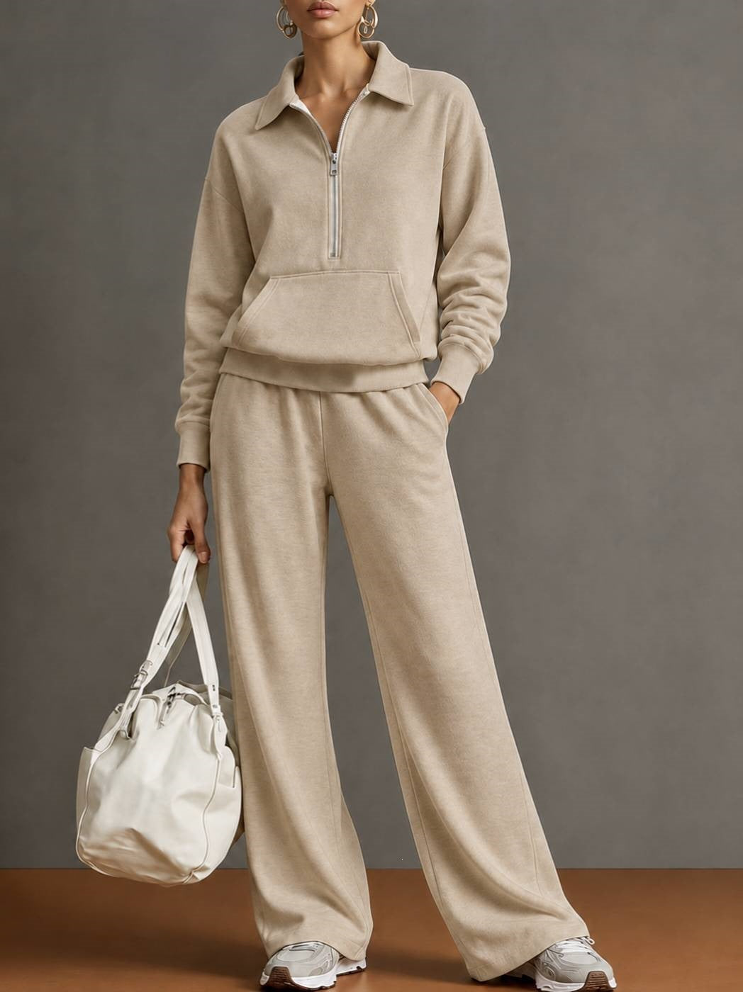 Women's Half Zip Sweatshirt Wide Leg Pants Lounge Set