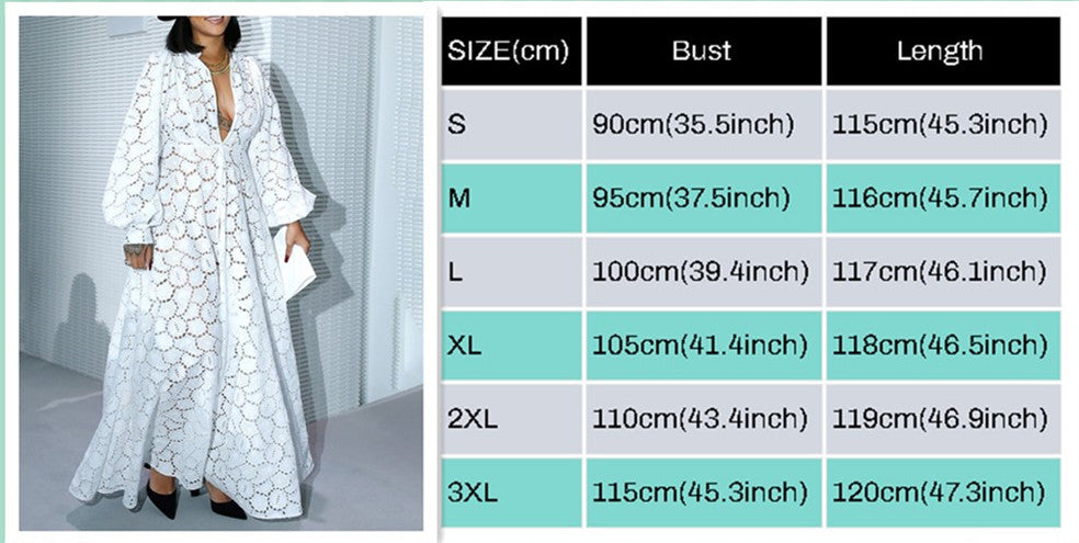 Plus Size White Lace Maxi Dress Long Sleeve V Neck Floral