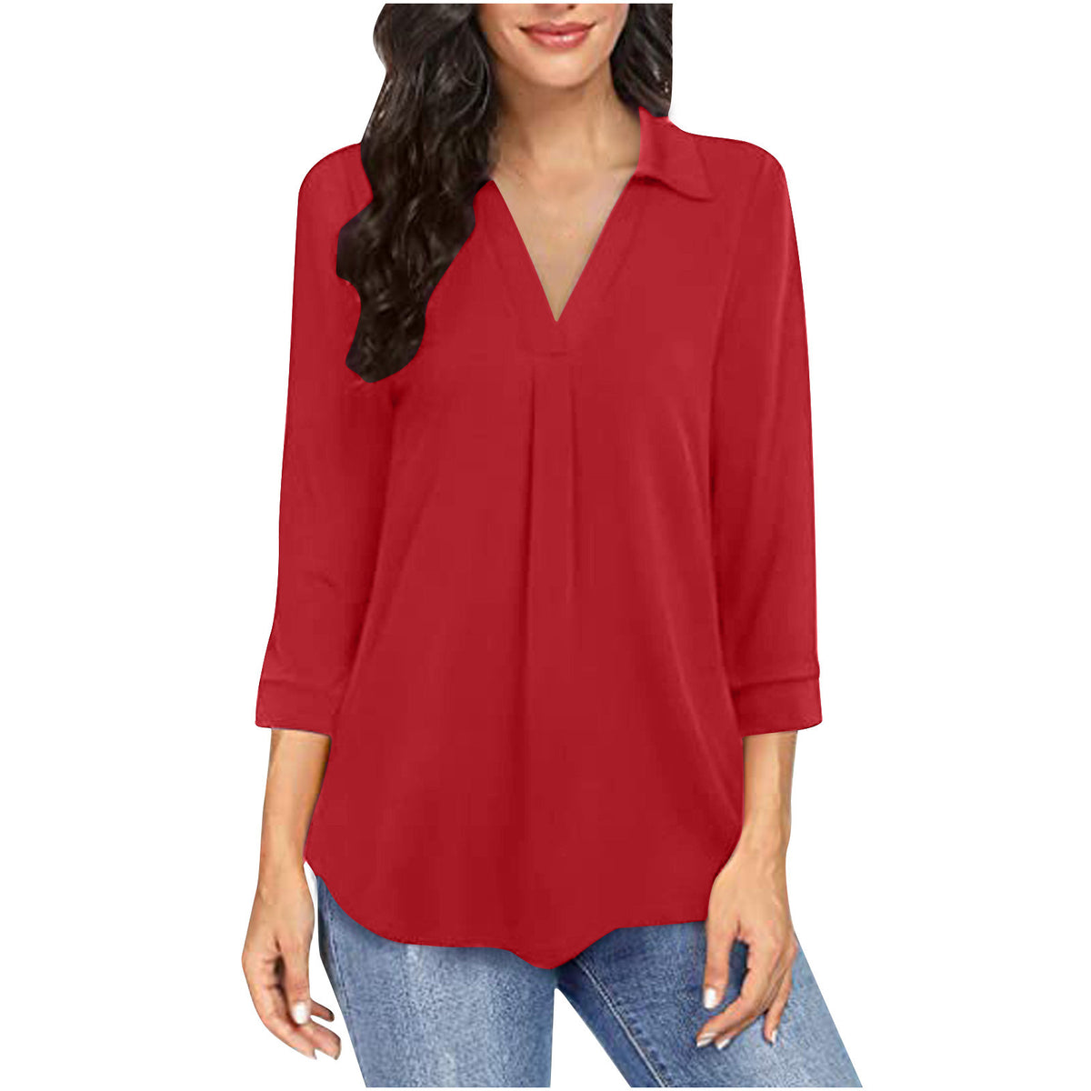 Women's V Neck Chiffon Blouse 3/4 Sleeve Pleated Top