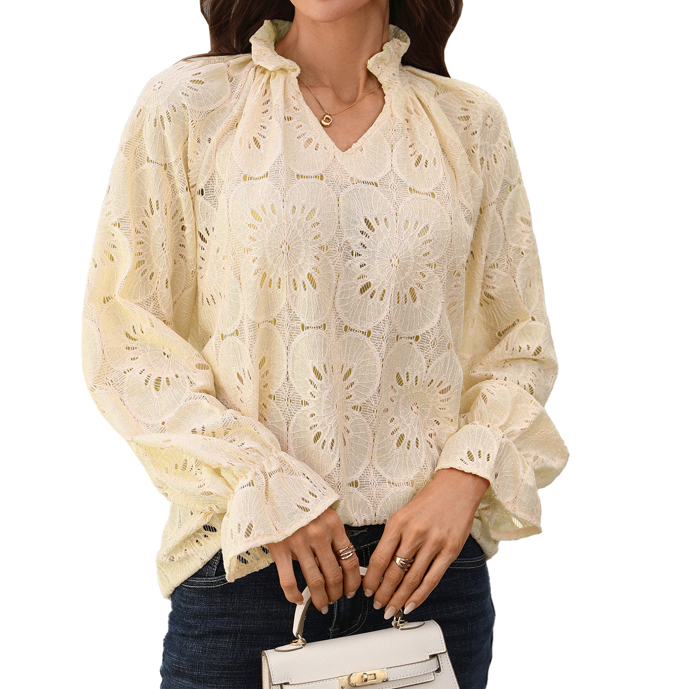 Eyelet Lace Blouse V Neck Puff Sleeve Top