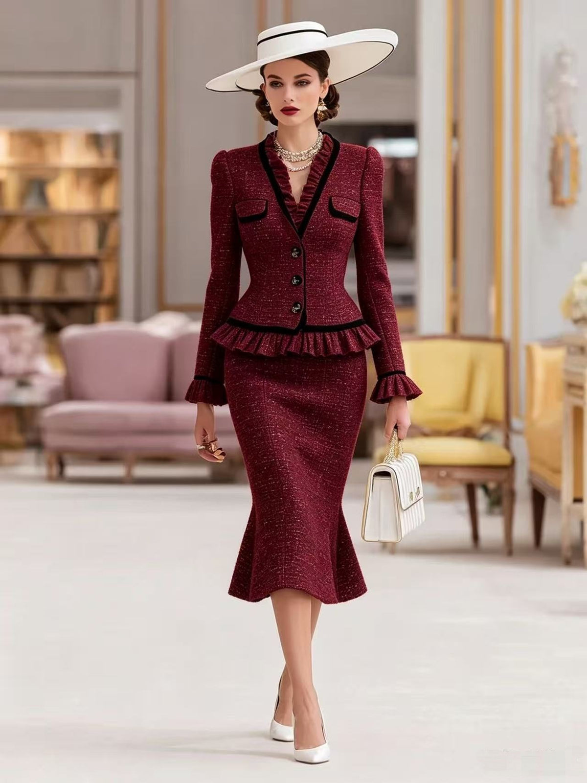Elegant Colorblock Peplum Jacket Midi Skirt Matching Set