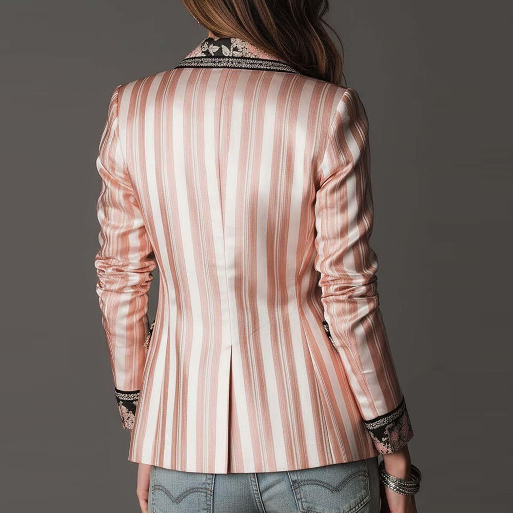 Women's Boho Striped Floral Open Front Blazer