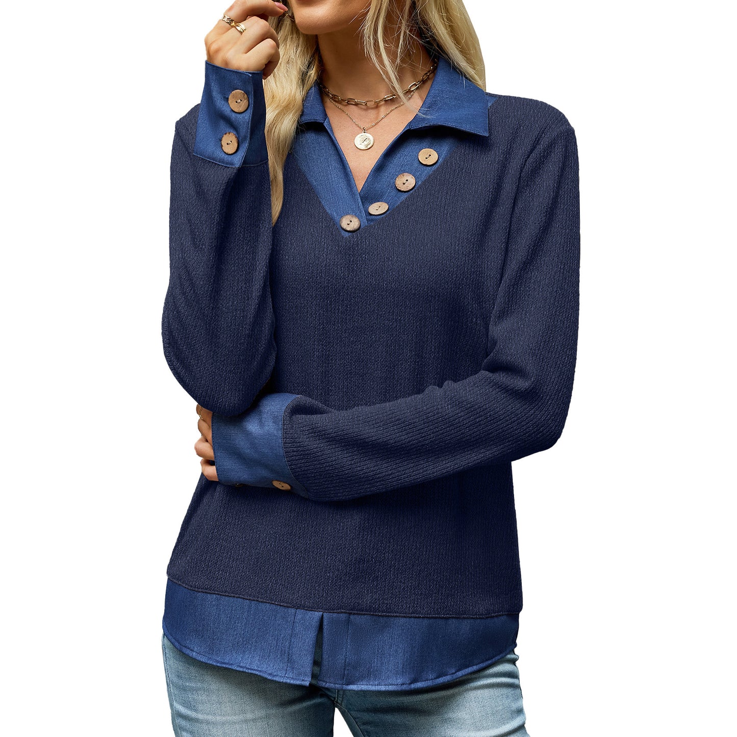 Women's Color Block Denim Collar Layered Sweatshirt