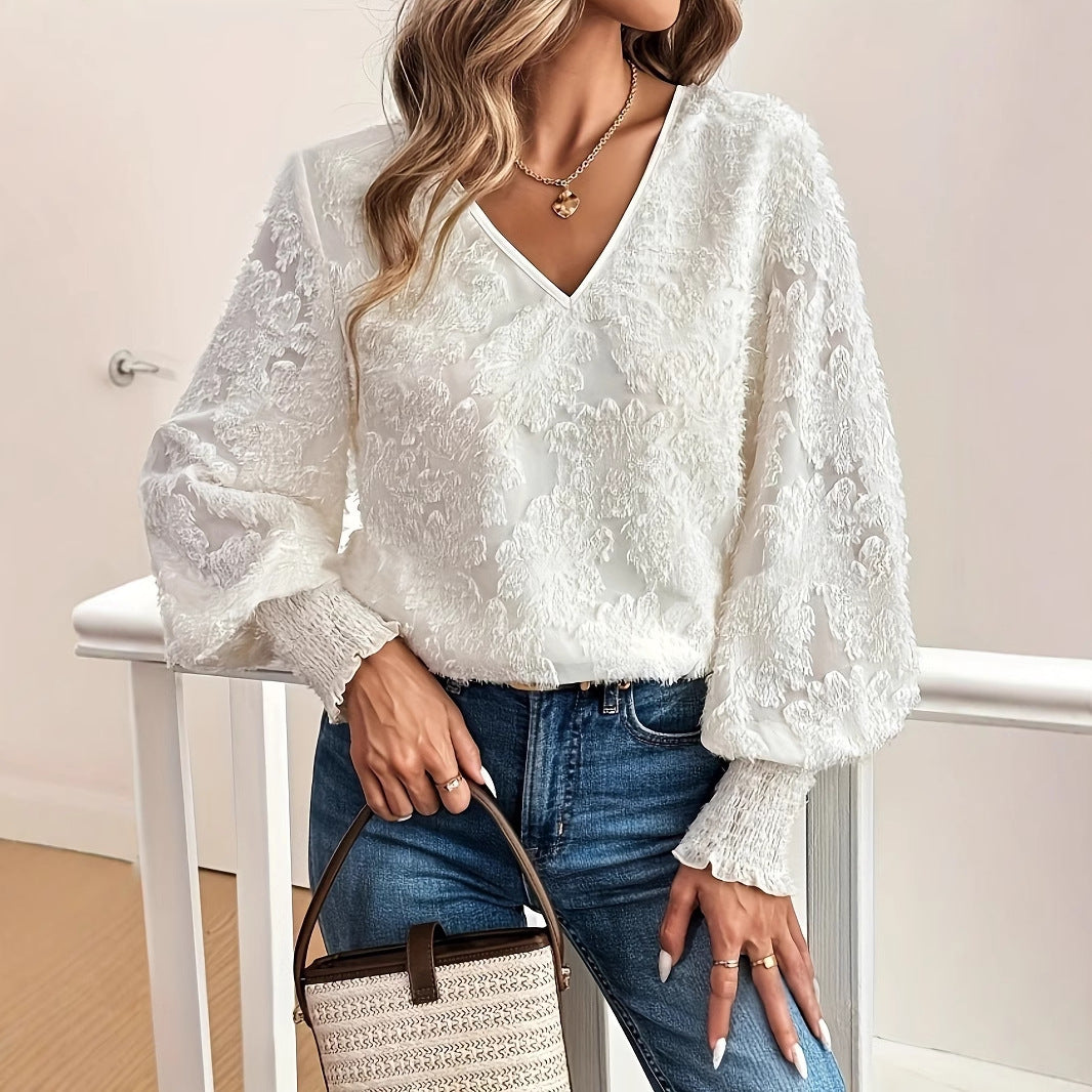 White V-Neck Balloon Sleeve Floral Blouse