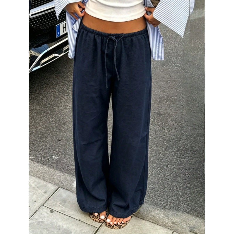 Women Wide Leg Pants Drawstring Elastic Waist Pockets