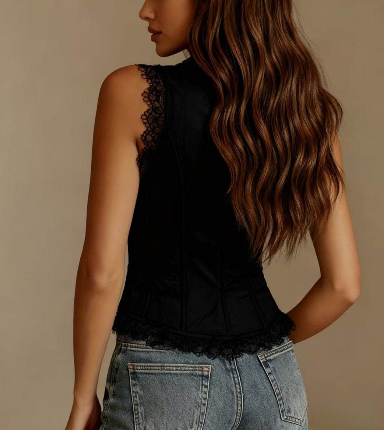 Women's Western Lace V Neck Button Front Corset Vest