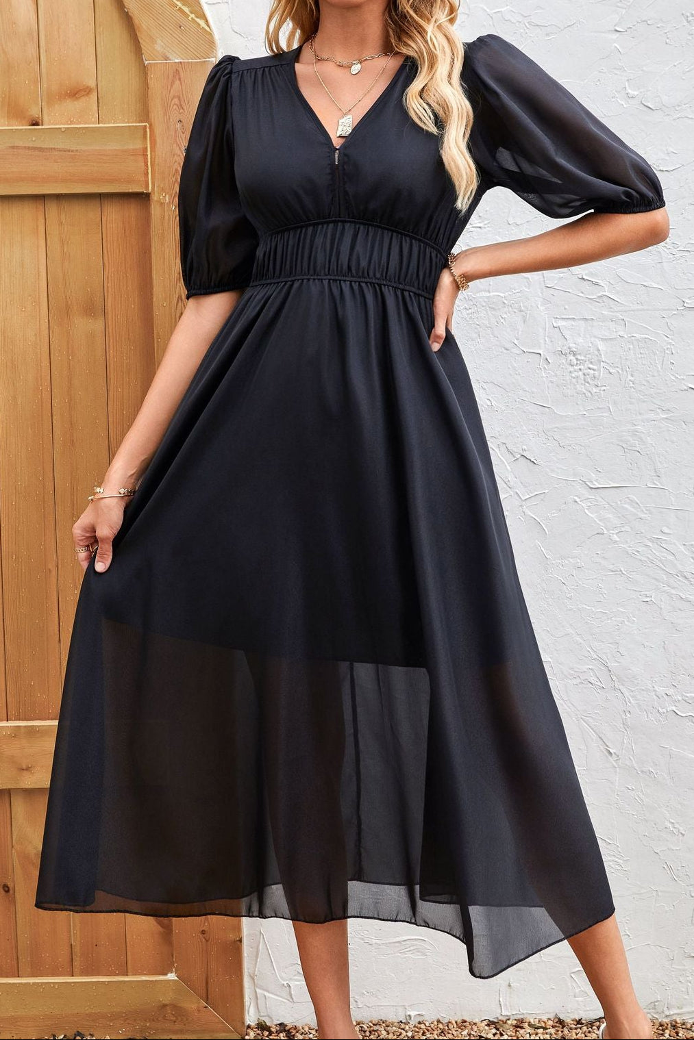 Women's Puff Sleeve V-Neck Smocked Waist Maxi Dress