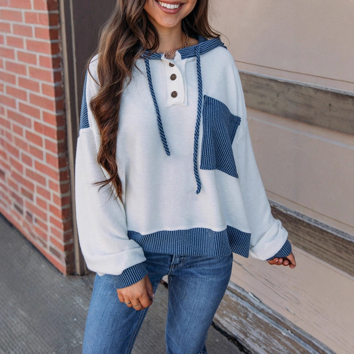 2025 Fall/Winter Colorblock Knit Trim Hoodie – Casual Pullover Sweatshirt