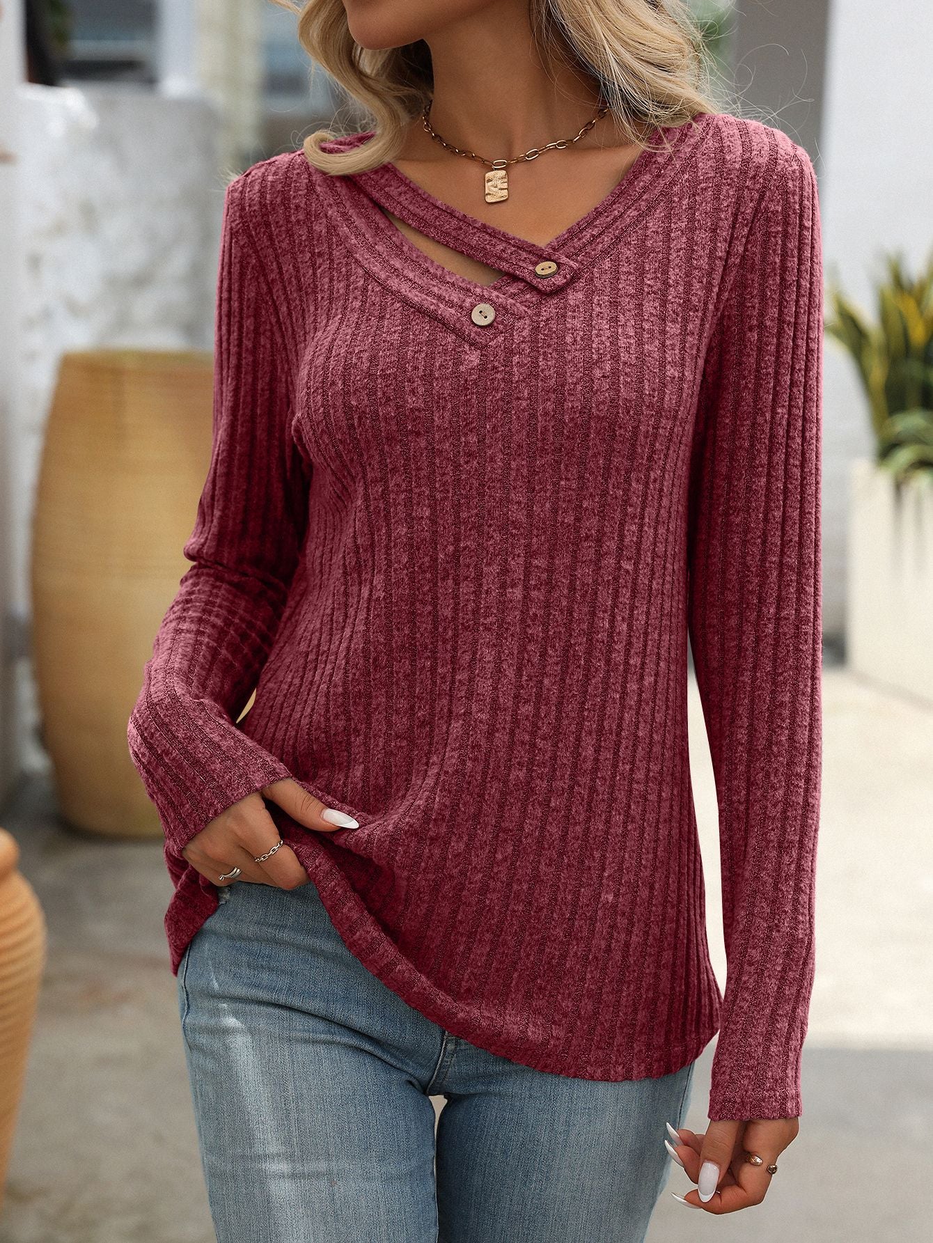 Ribbed V Neck Button Detail Long Sleeve Top