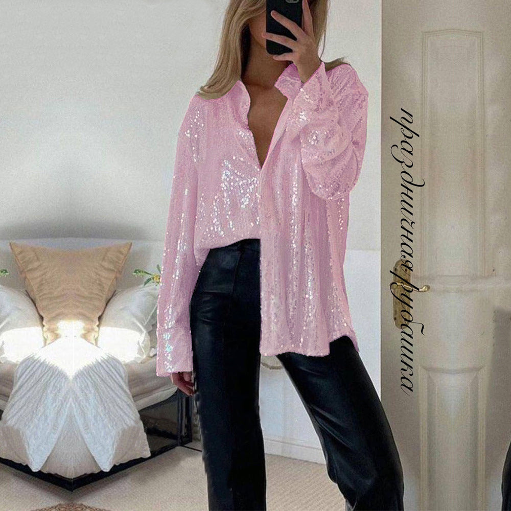 Sequin Collared Long Sleeve Button Down Blouse