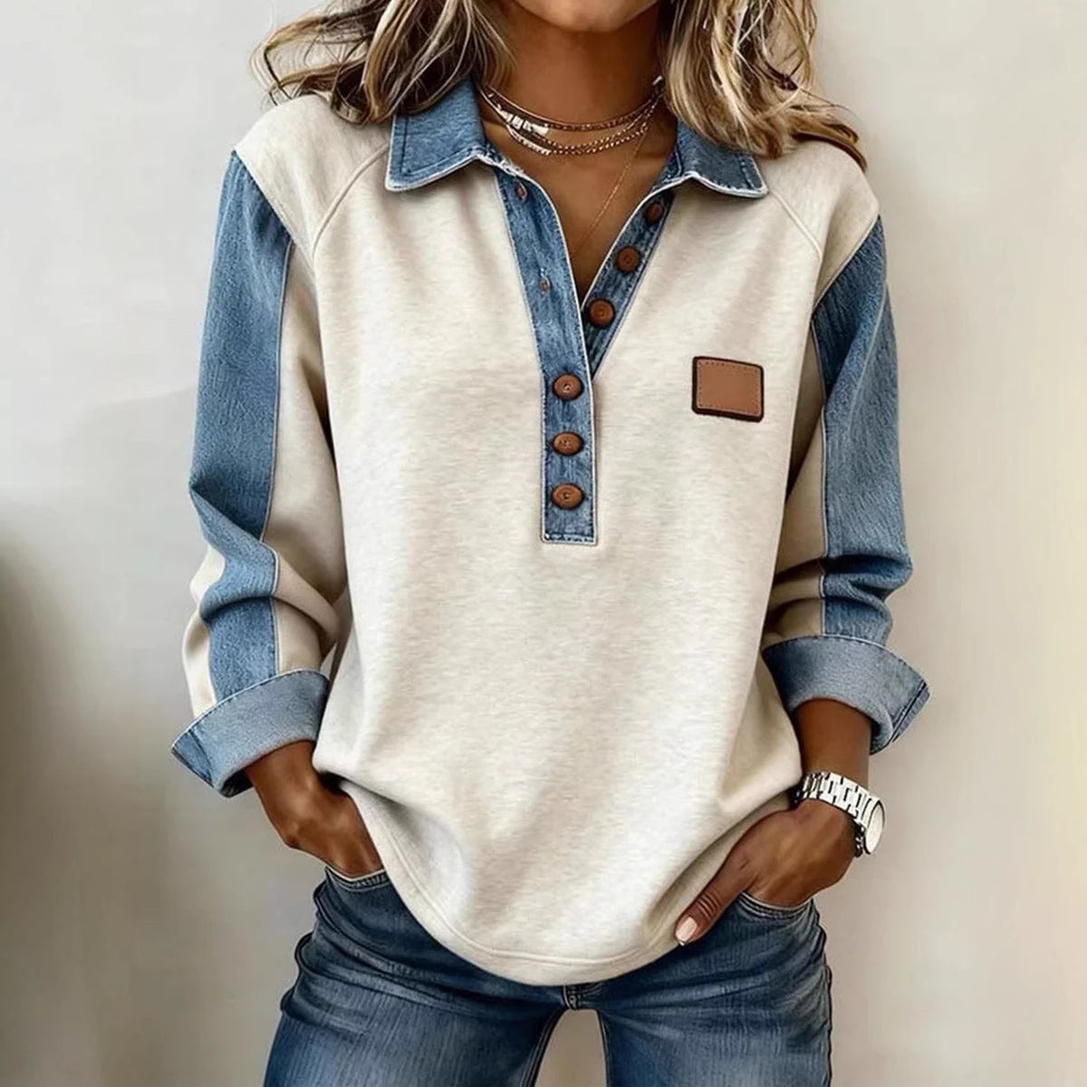 Women's Colorblock Denim Collar Sweatshirt Long Sleeve