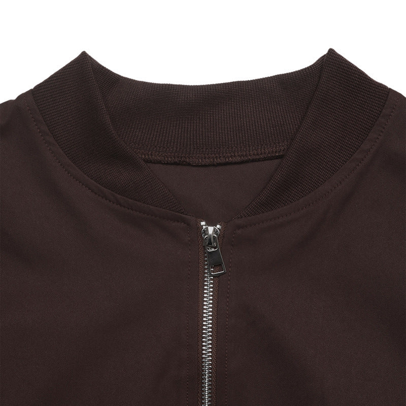 Solid Bomber Jacket Zip Front Cropped Relaxed Fit