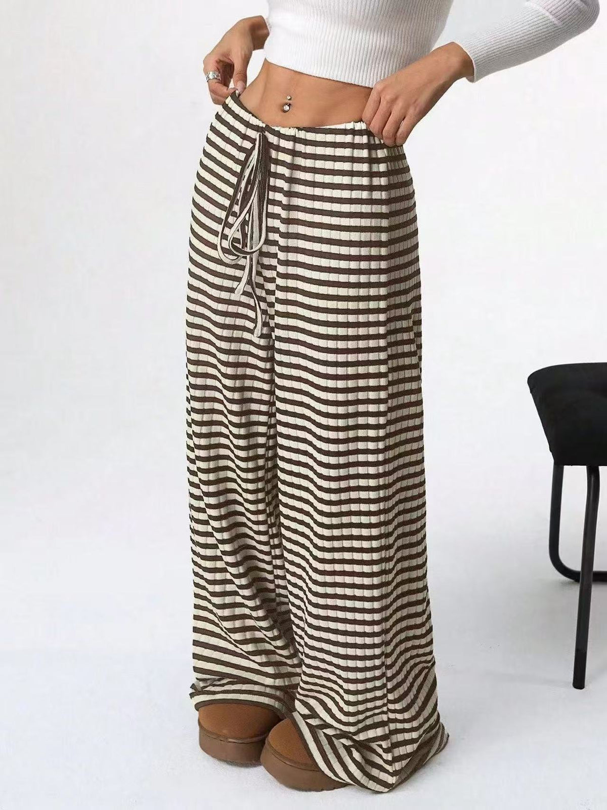 Women's Striped Wide Leg Drawstring Lounge Pants