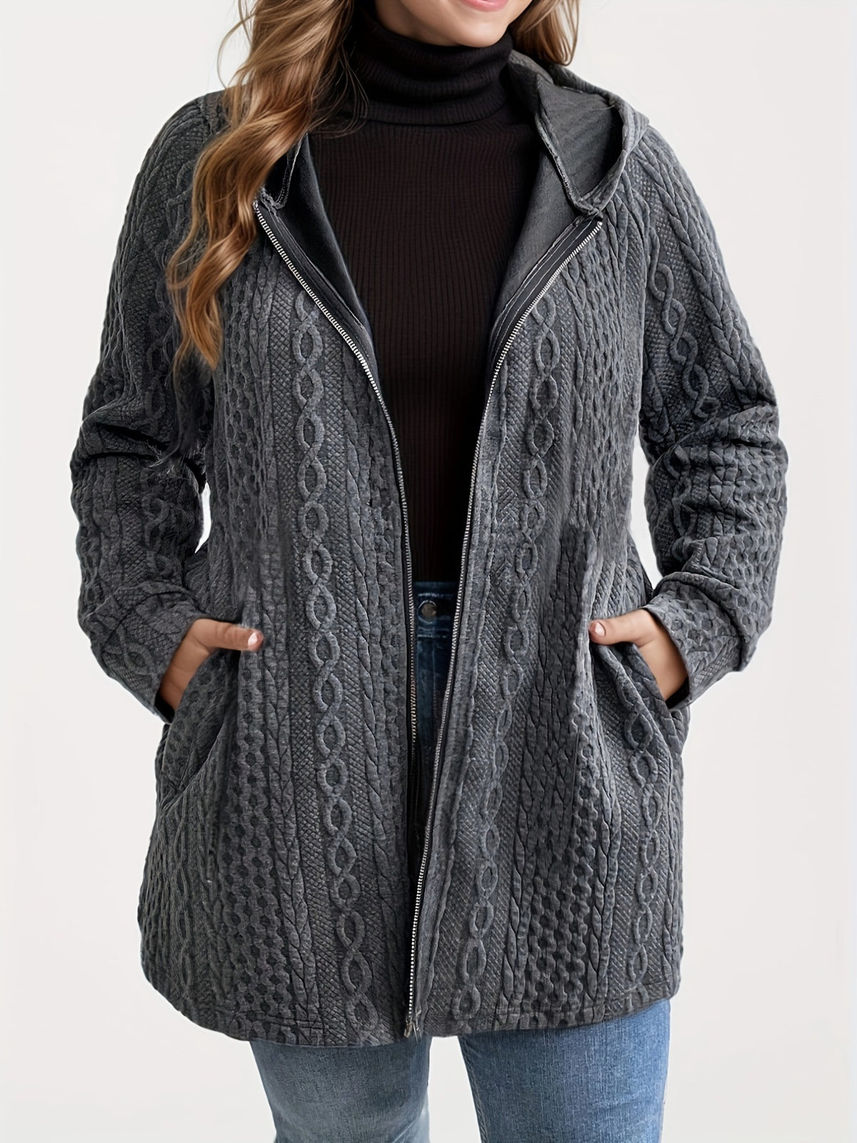 Plus Size Hooded Cable Knit Zip Jacket Pockets