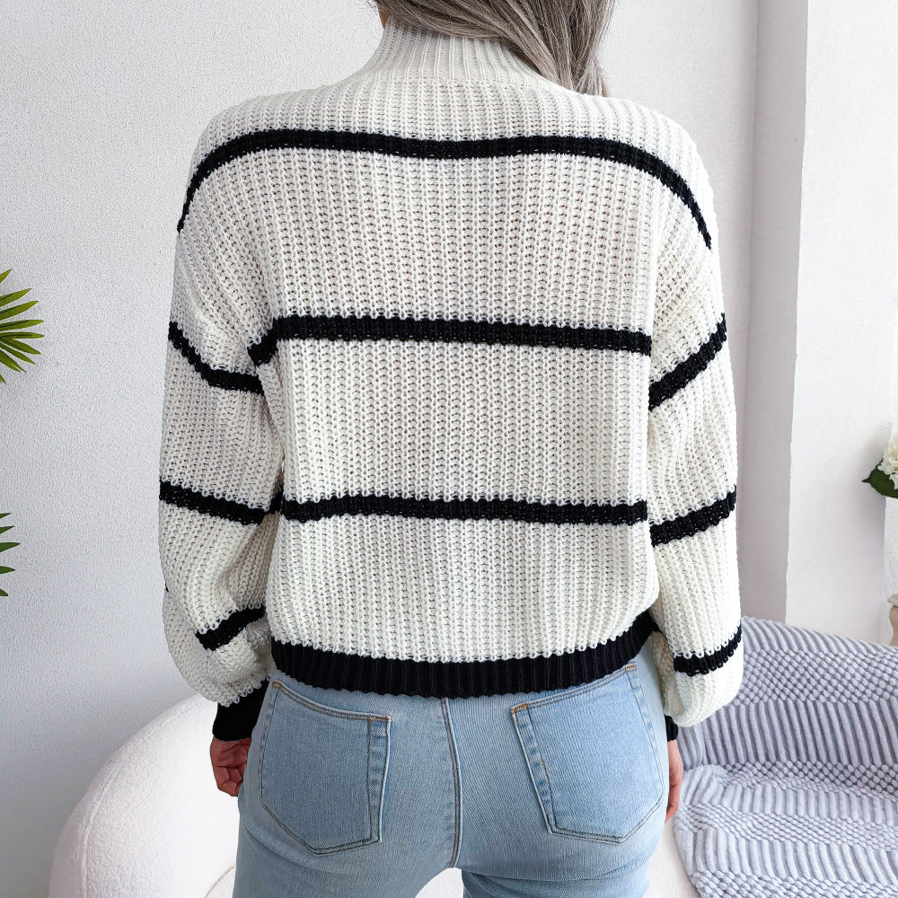 2025 Fall/Winter Casual Striped Lantern Sleeve Knit Sweater
