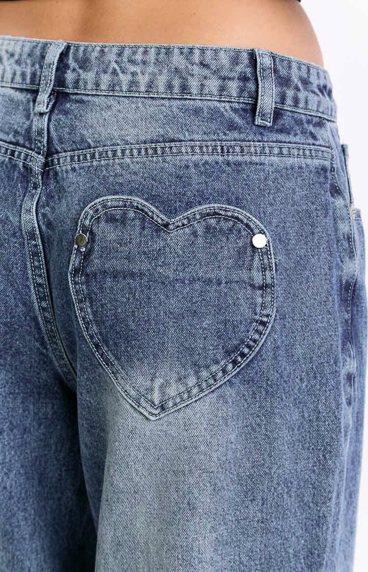 Women's Vintage Washed Wide Leg Heart Pocket Denim Jeans