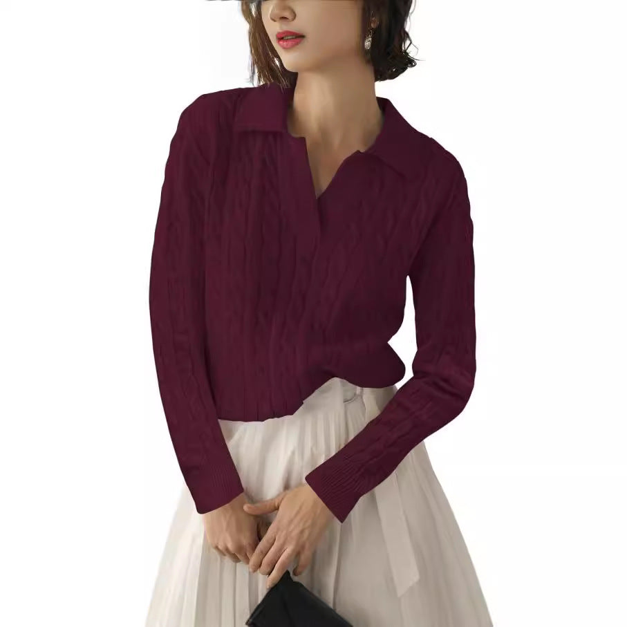 Women's Cable Knit Collared V Neck Pullover Sweater