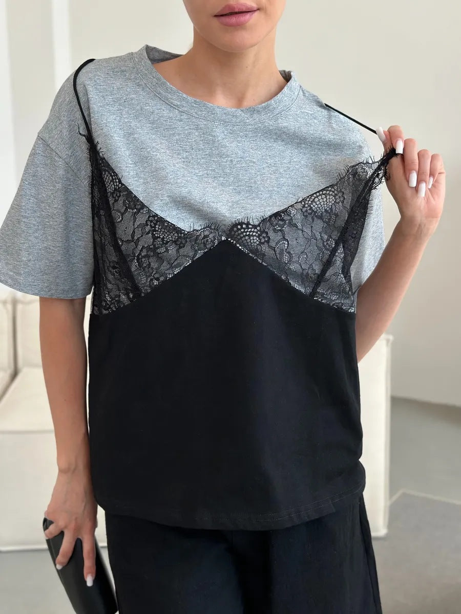 Sexy Lace Splice Loose Tee Top Casual Streetwear Summer Women
