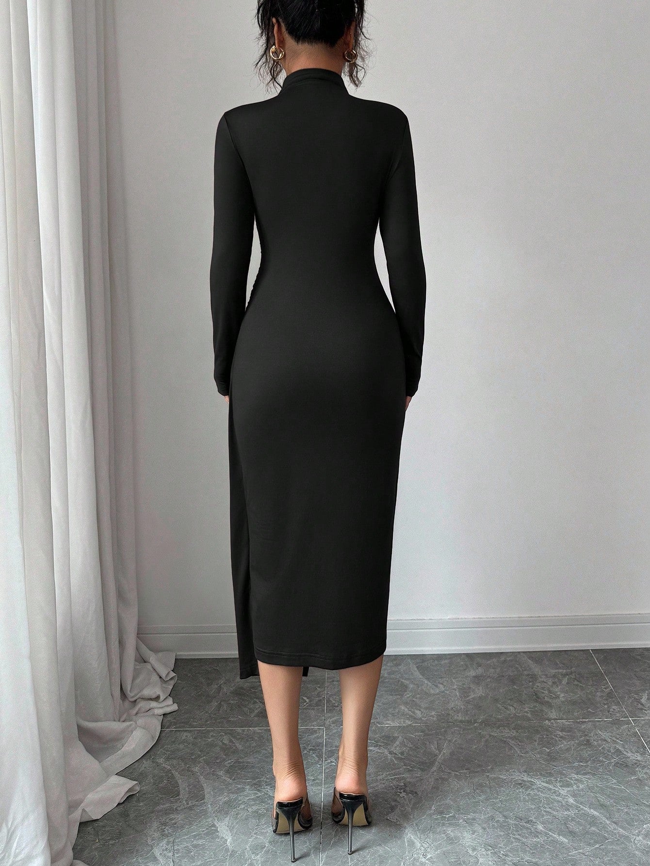 Mock Neck Ruched Bodycon Midi Dress with Gold Detail