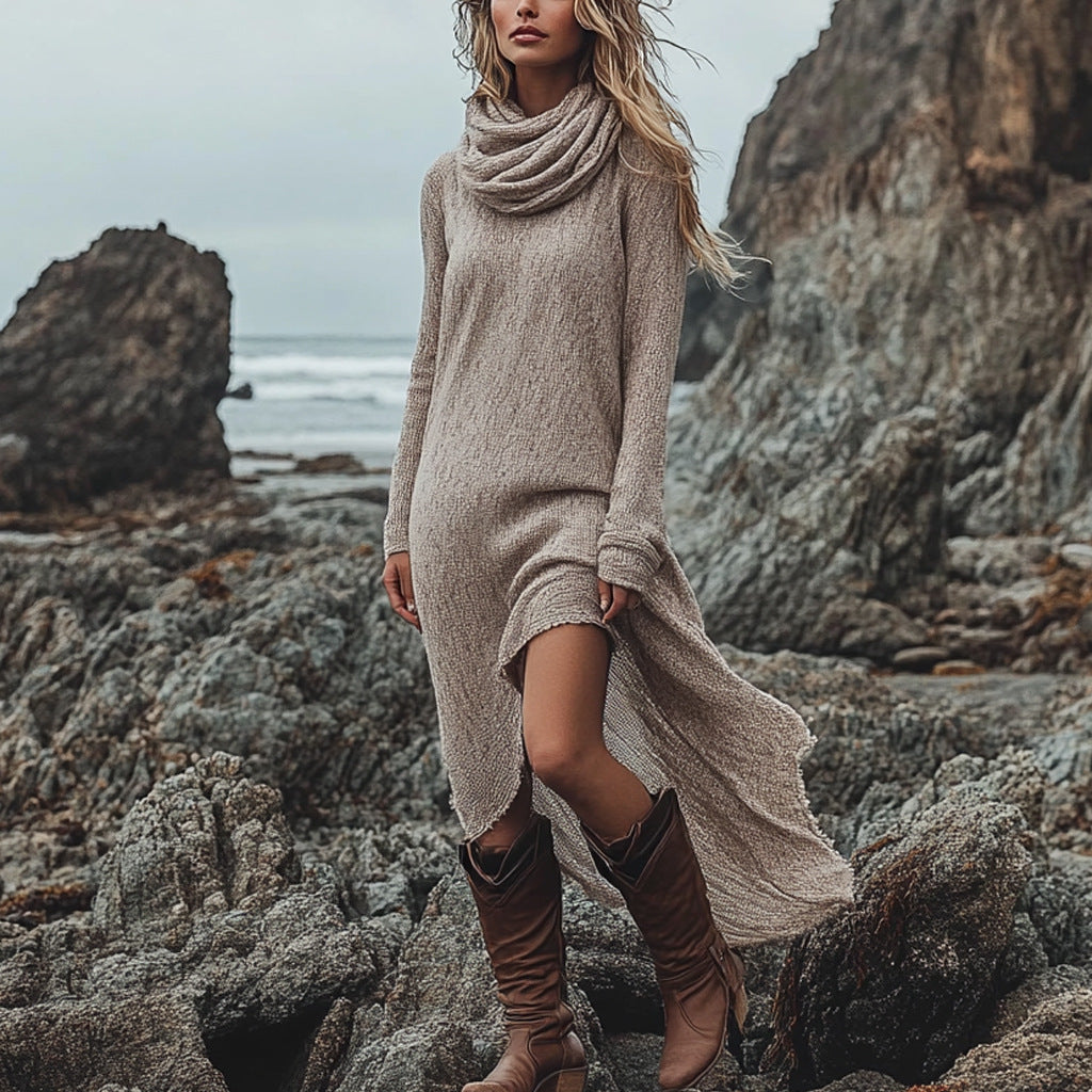 Women's Cowl Neck Long Sleeve Draped Maxi Dress