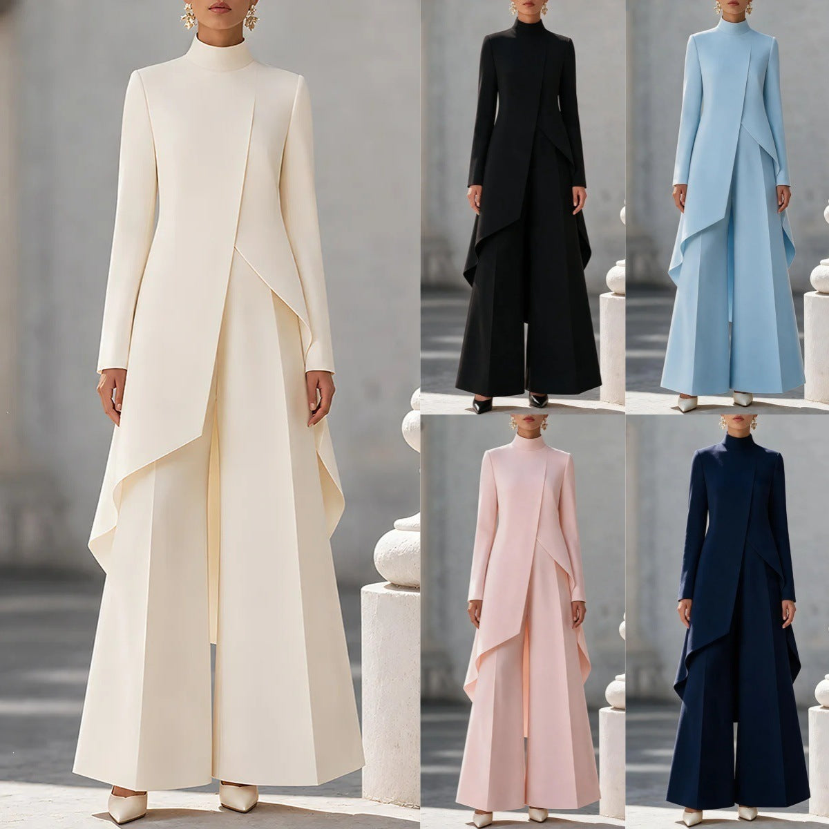 Women's Asymmetric Mock Neck Wide Leg Pants Two Piece Set