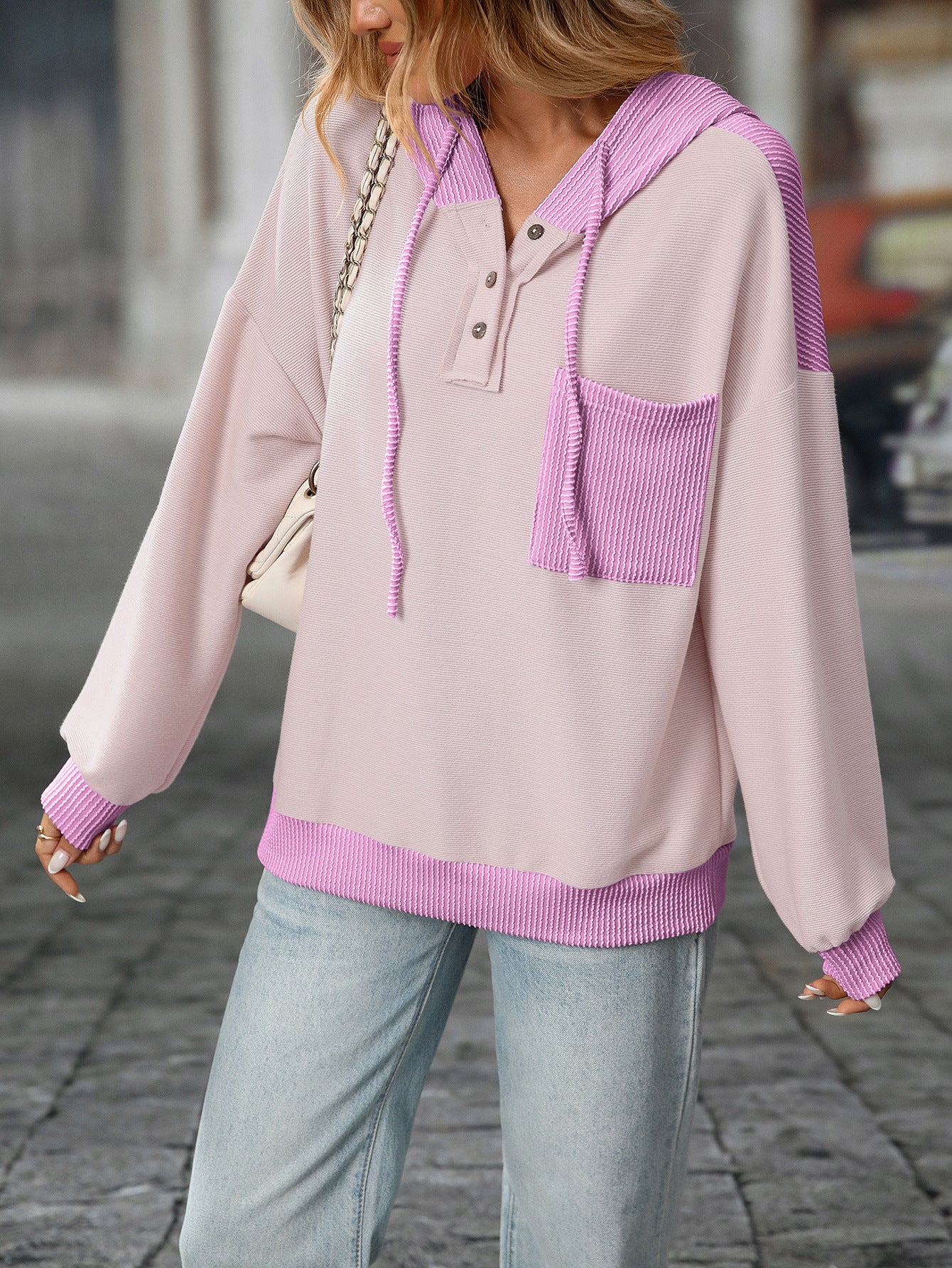 2025 Fall/Winter Colorblock Knit Trim Hoodie – Casual Pullover Sweatshirt