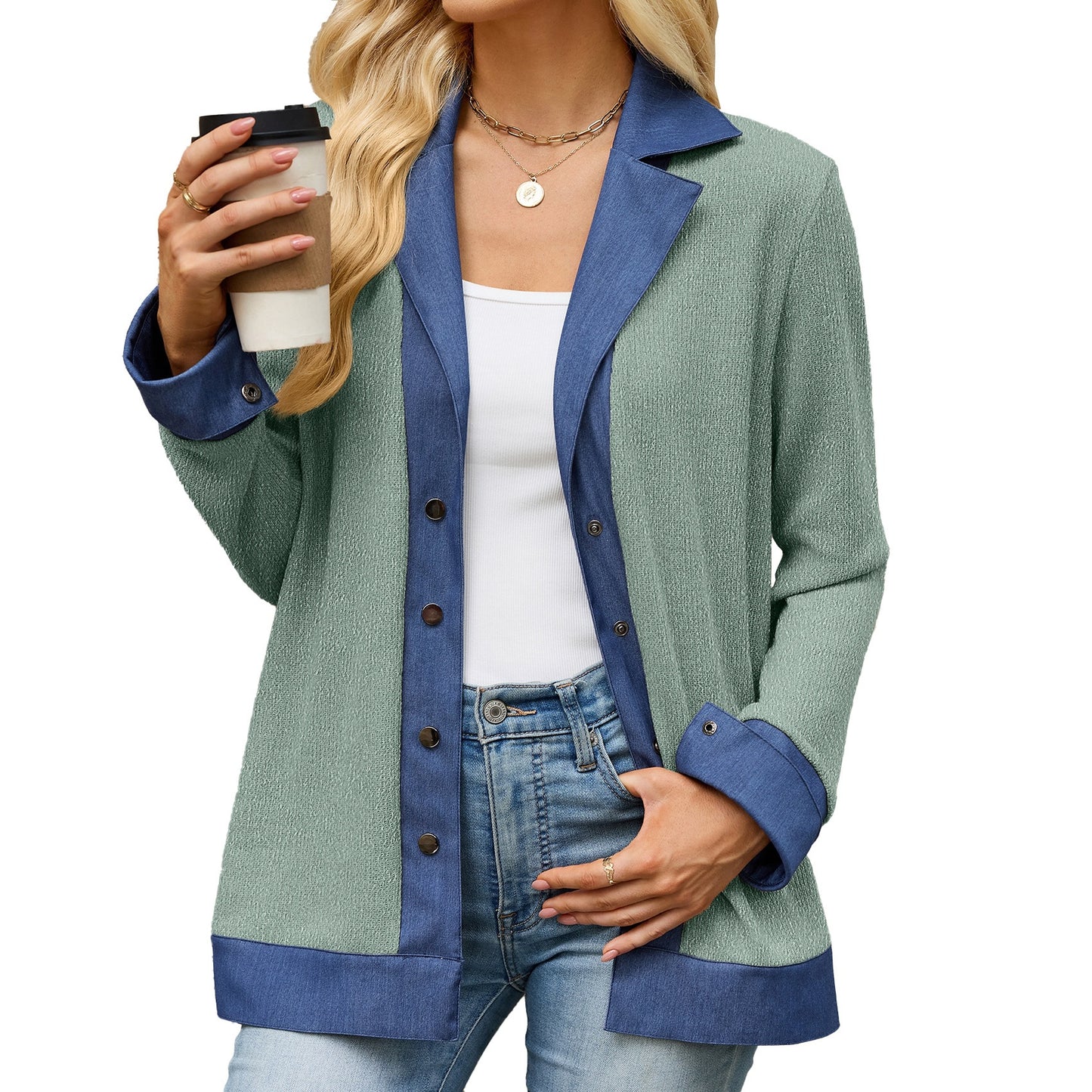 Women's Denim Contrast Knit Cardigan Button Front Jacket