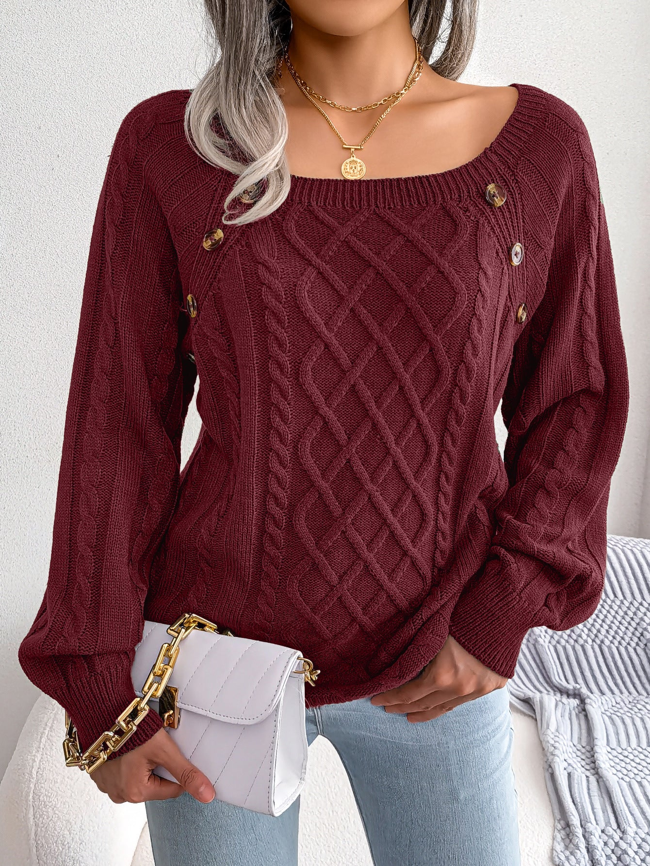 2025 Fall Winter Casual Square Neck Button Detail Cable Knit Sweater
