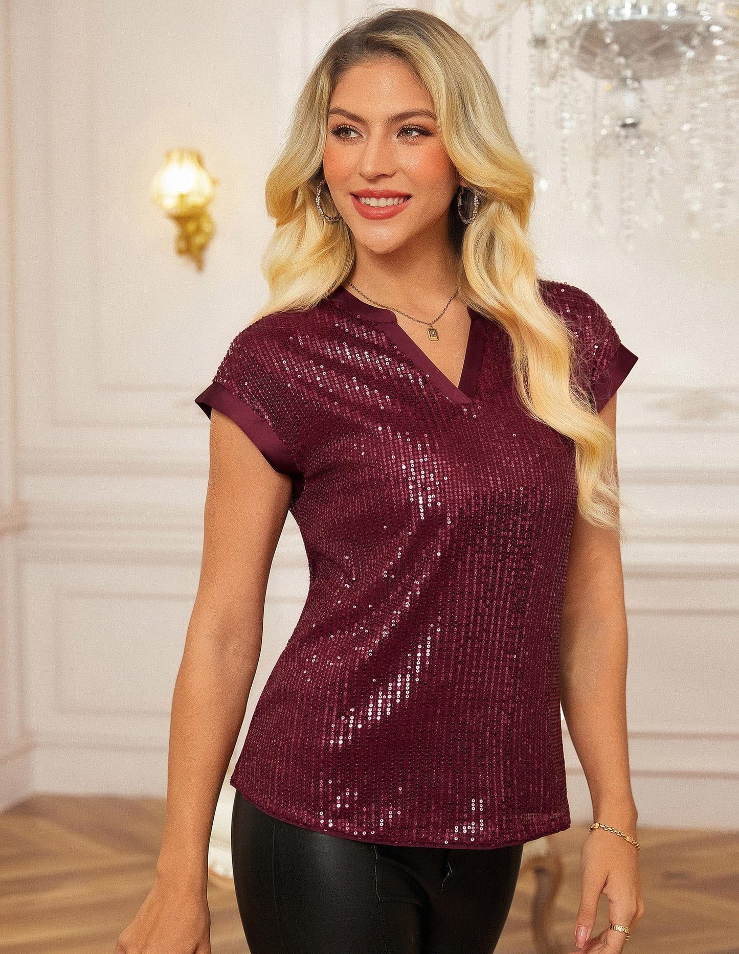 Sequin V Neck Party Blouse Short Sleeve Dressy Top