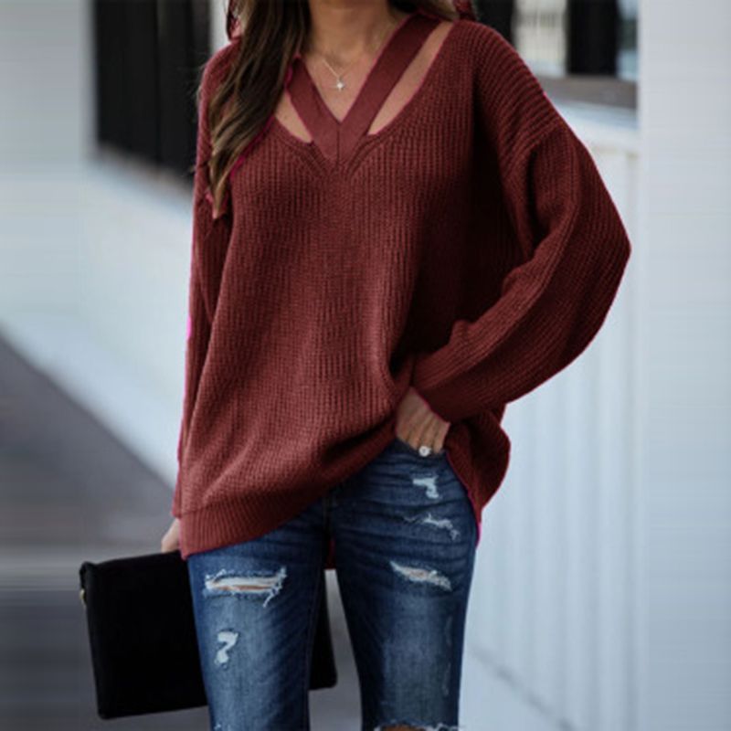 Women's Oversized V Neck Backless Chunky Knit Sweater