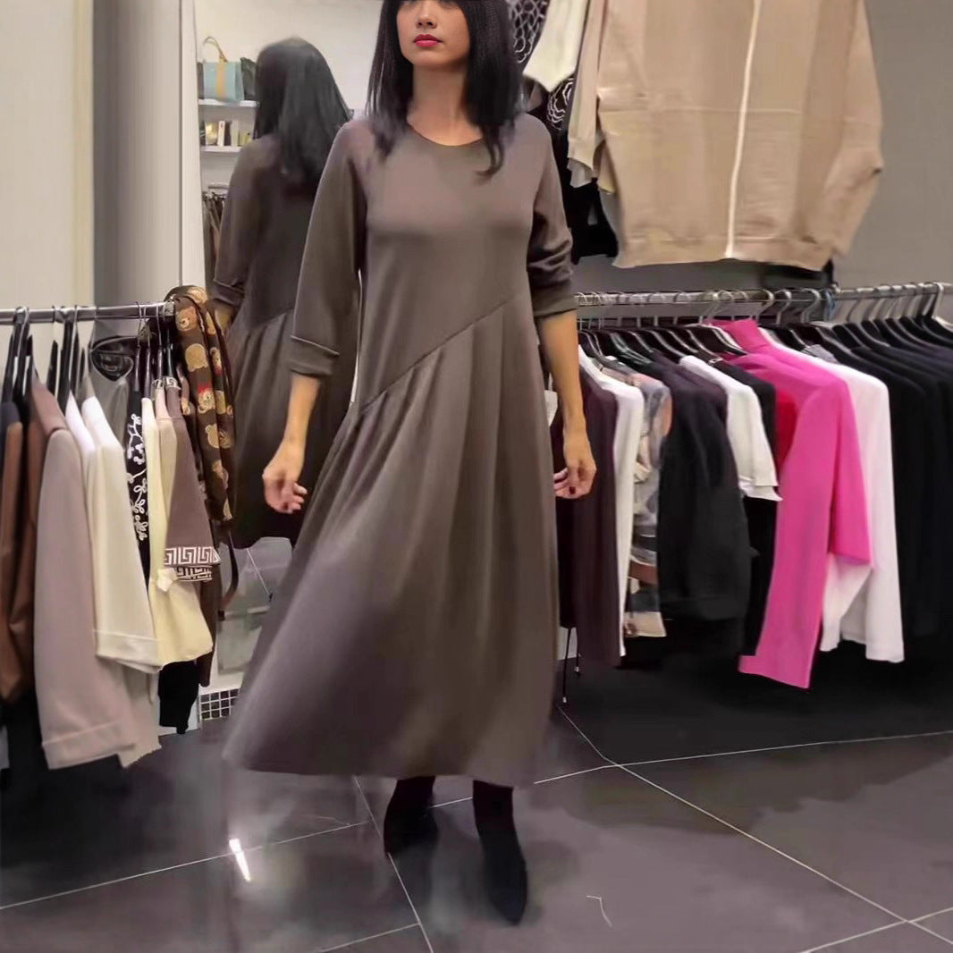 Women's Casual Long Sleeve Pleated Maxi Dress A-Line