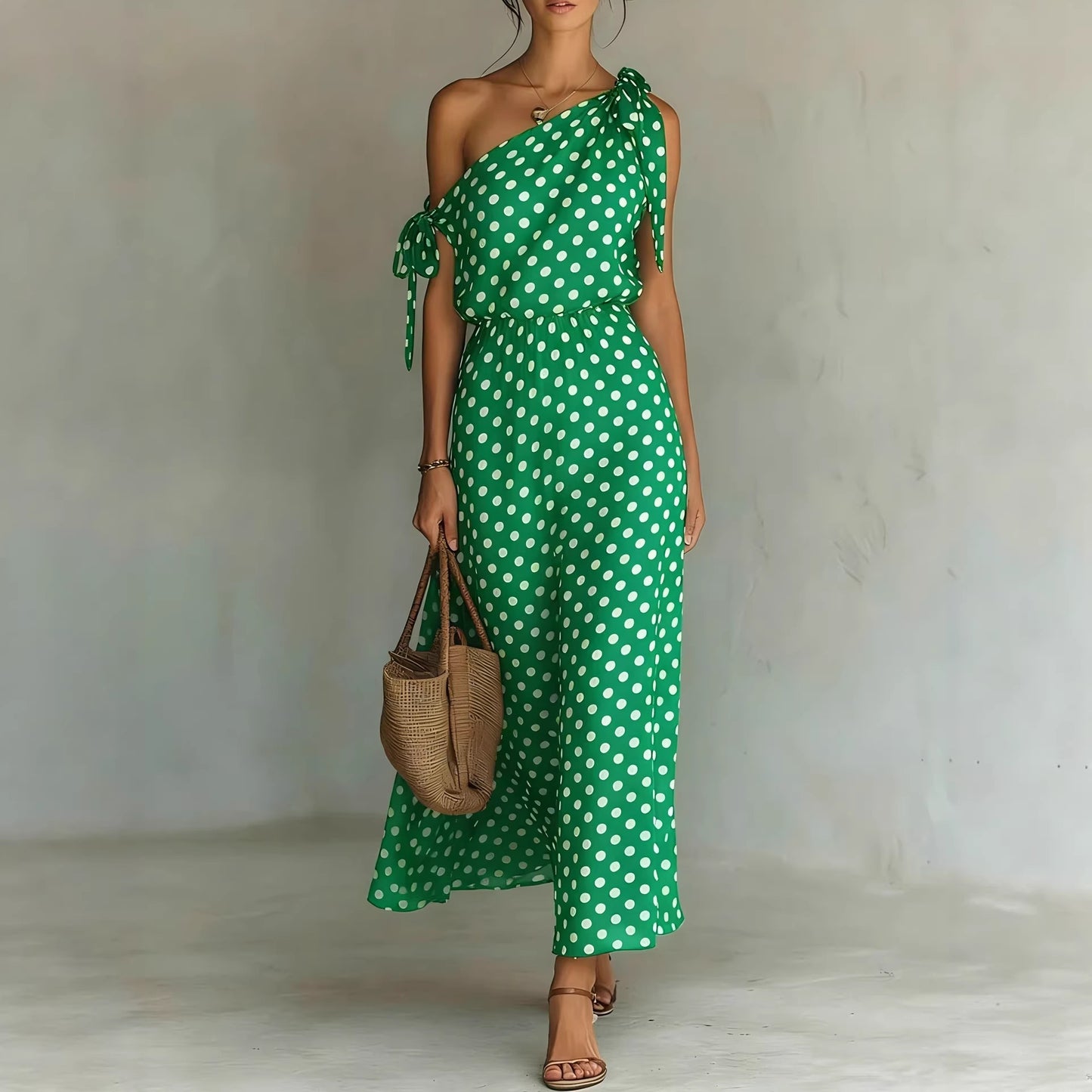 Polka Dot One Shoulder Tie Maxi Dress